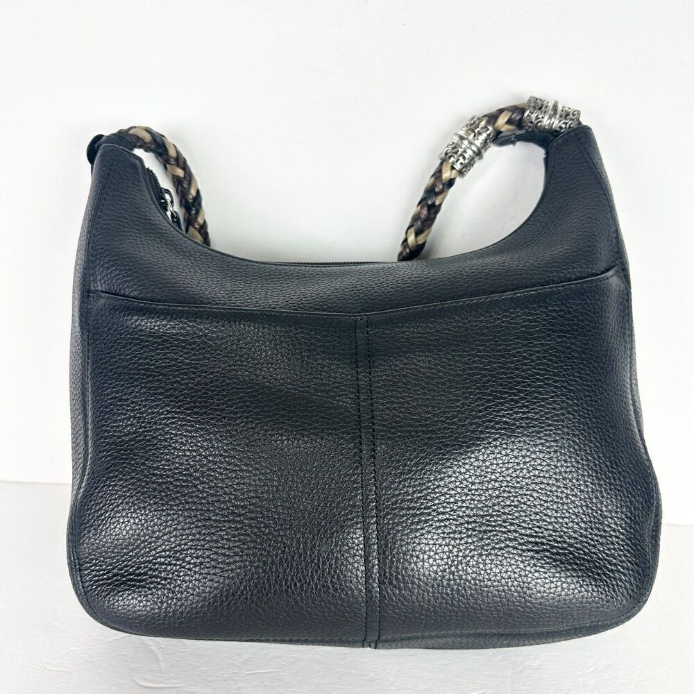 Brighton Barbados Ziptop Hobo Bag Pebbled Leather Black Braided Strap - Picture 2 of 12